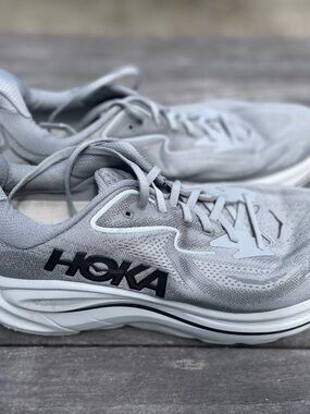 Hoka Clifton Gray and White Performance Running Shoes, size 12